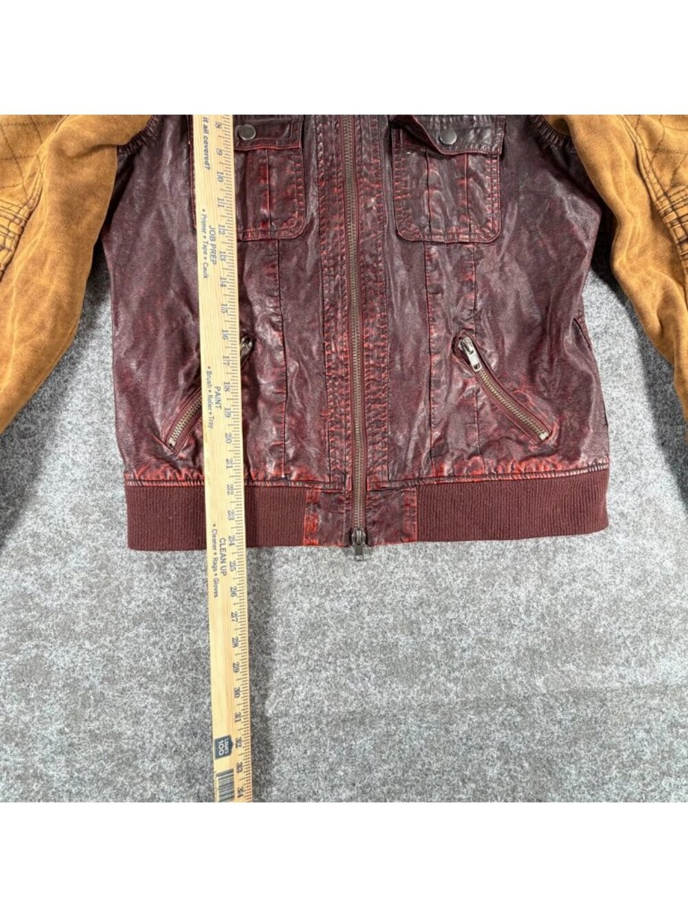 BKE Pieced Full-Zip Jacket Womens XL Burgundy Mustard Faux Leather Ribbed Trim - Picture 15 of 16
